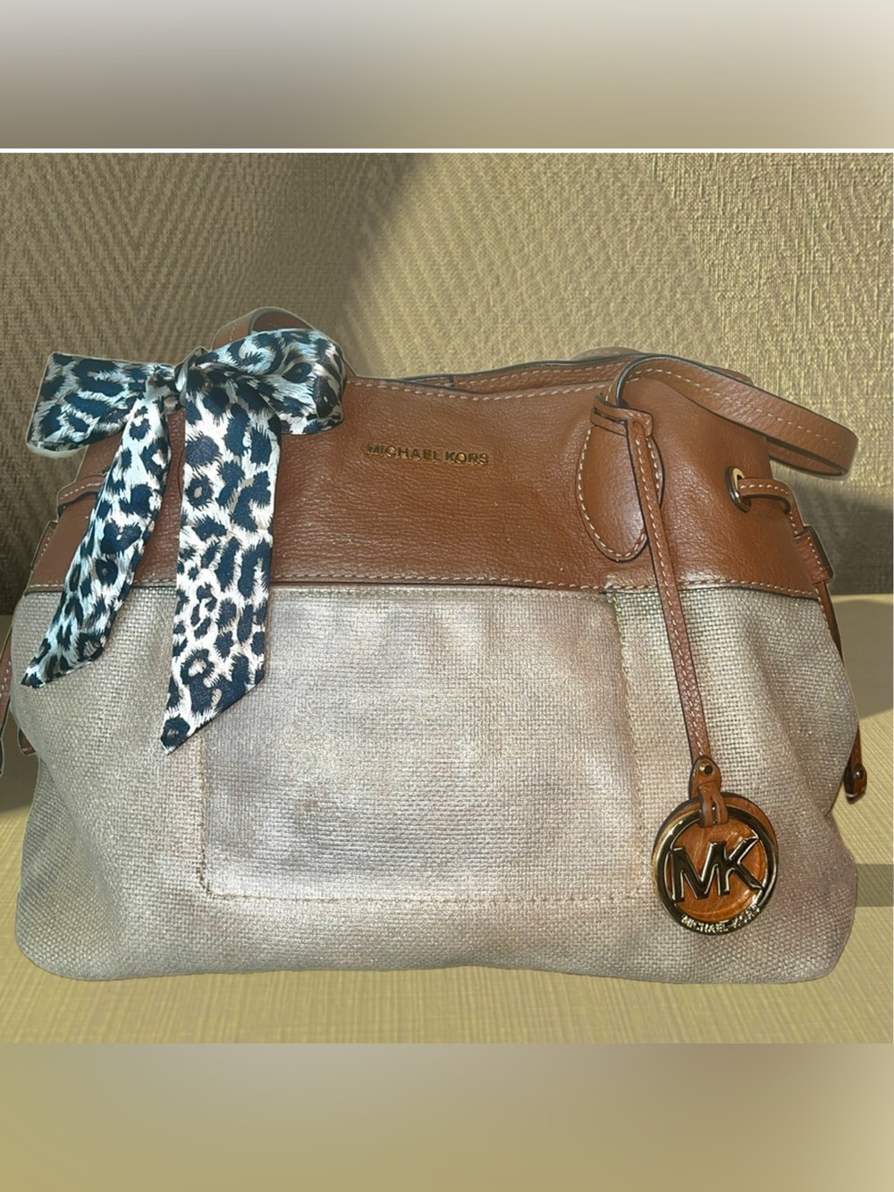 Michael Kors Golden Beige and Brown Shoulder Bag with MK Charm and Scarf - Picture 1 of 7